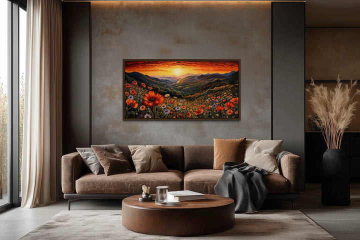 Mountain Valley Flowers Sunset Landscape Framed Canvas Wall Art