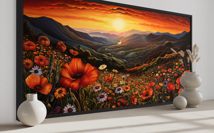 Mountain Valley Flowers Sunset Landscape Framed Canvas Wall Art