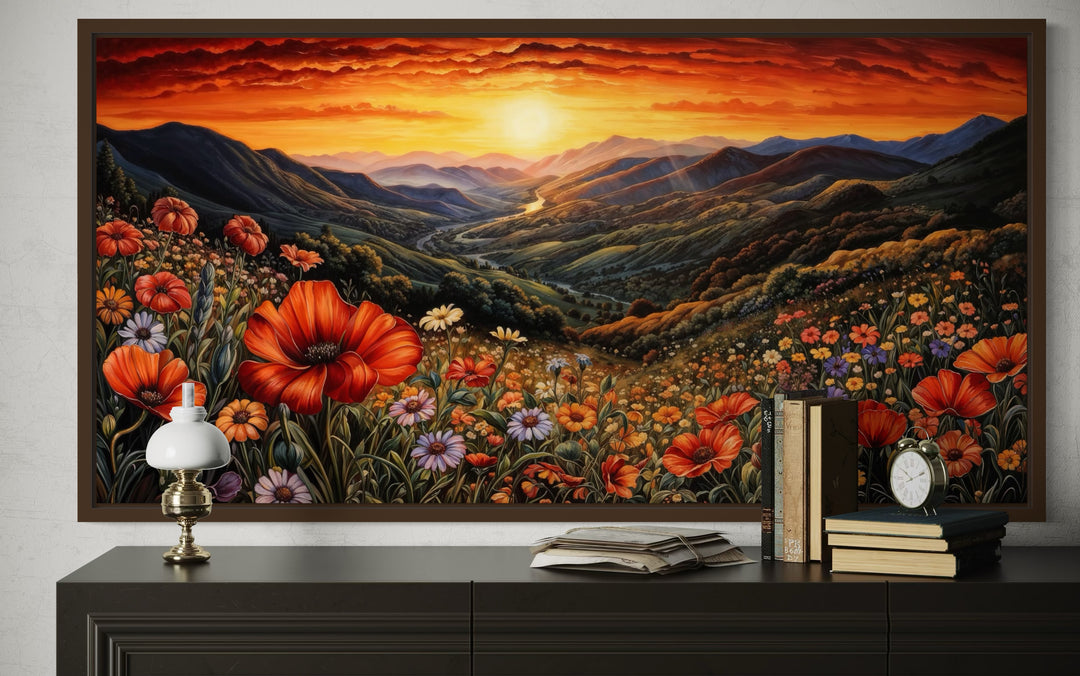 Mountain Valley Flowers Sunset Landscape Framed Canvas Wall Art