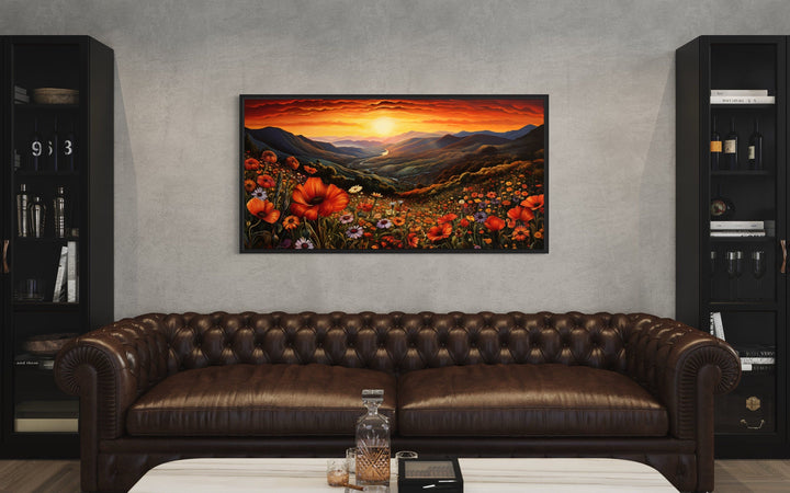 Mountain Valley Flowers Sunset Landscape Framed Canvas Wall Art