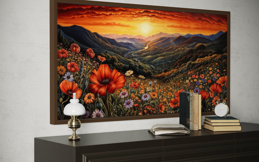Mountain Valley Flowers Sunset Landscape Framed Canvas Wall Art