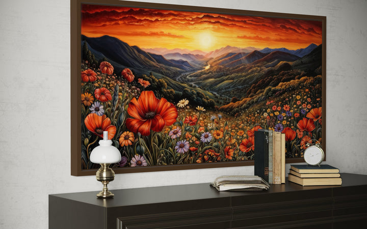 Mountain Valley Flowers Sunset Landscape Framed Canvas Wall Art