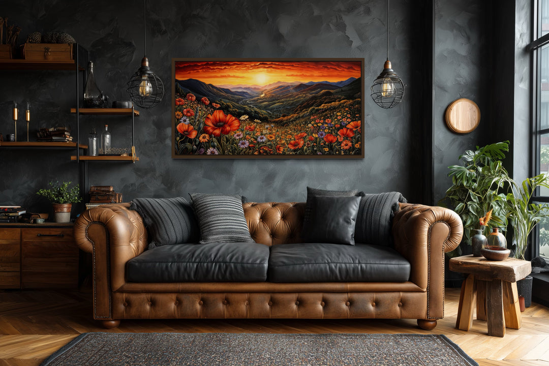 Mountain Valley Flowers Sunset Landscape Framed Canvas Wall Art