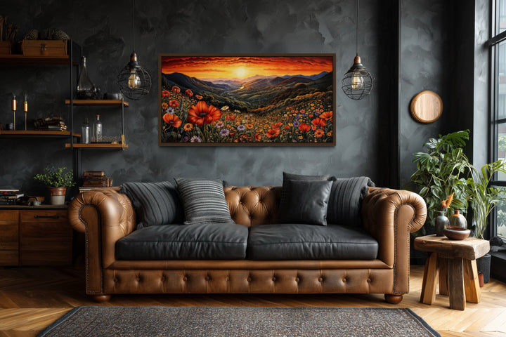Mountain Valley Flowers Sunset Landscape Framed Canvas Wall Art