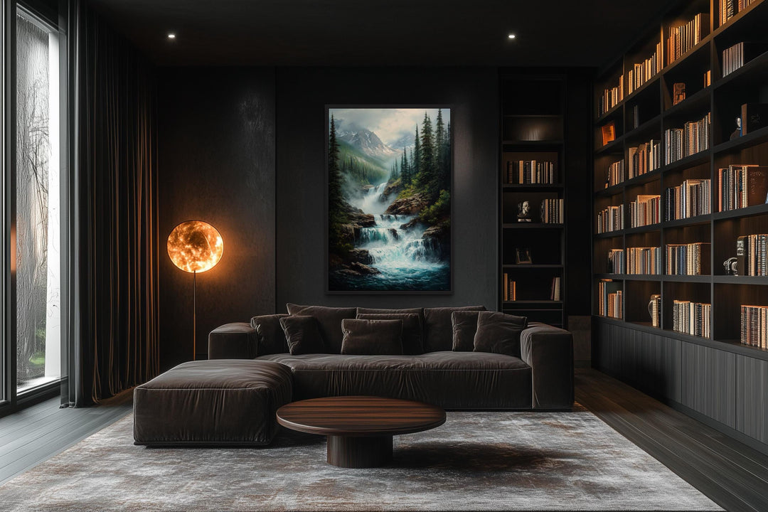 Vertical canvas wall art of a cascading mountain waterfall and pine forest in a dark modern room.