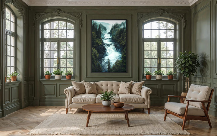 Vertical canvas print of a rushing mountain waterfall surrounded by a dense pine forest.