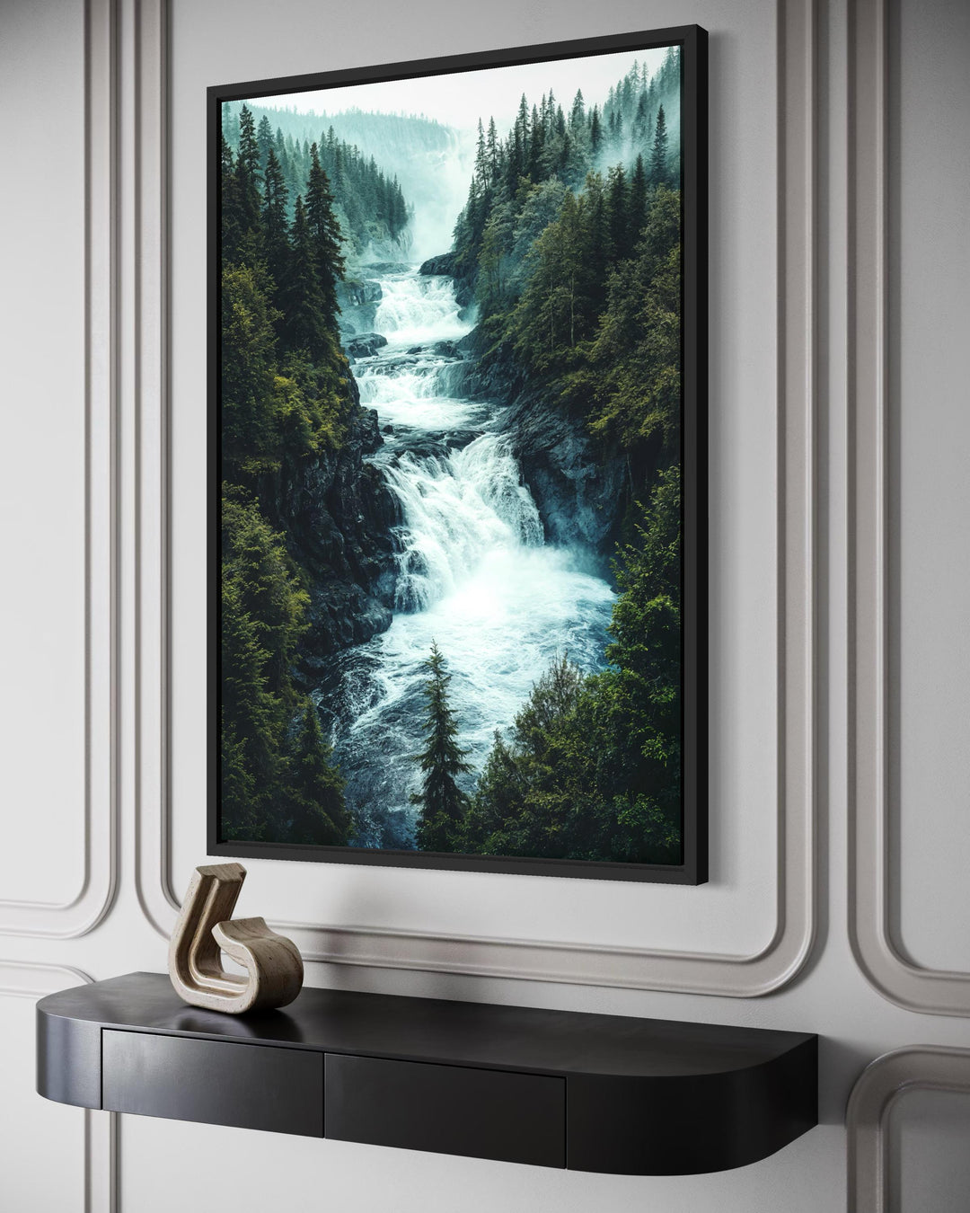 Vertical canvas print of a rushing mountain waterfall surrounded by a dense pine forest.
