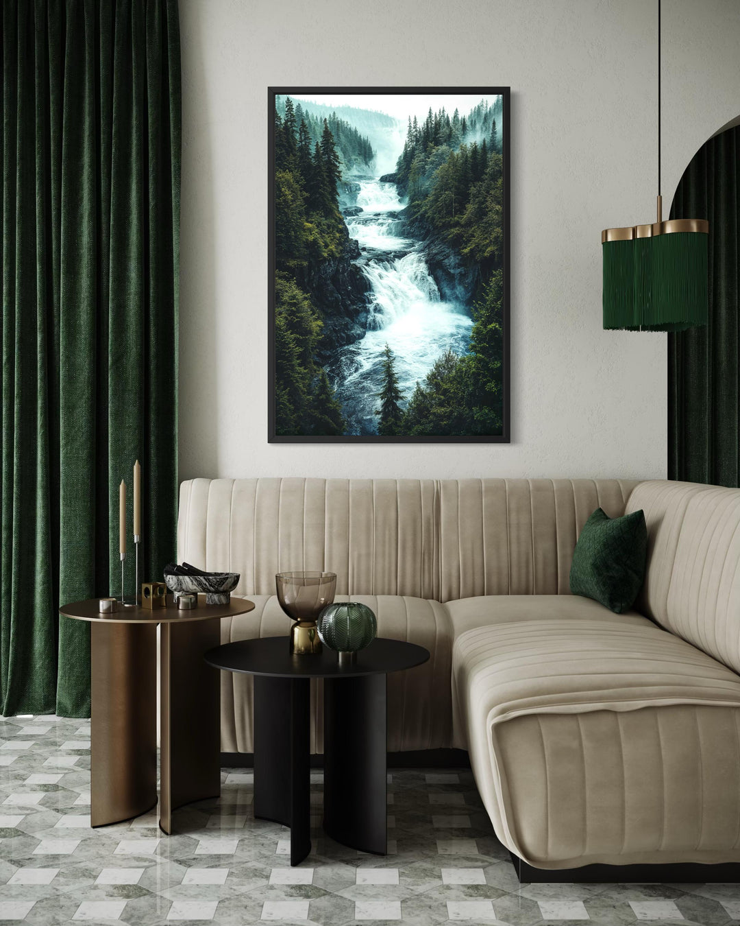 Vertical canvas print of a rushing mountain waterfall surrounded by a dense pine forest.