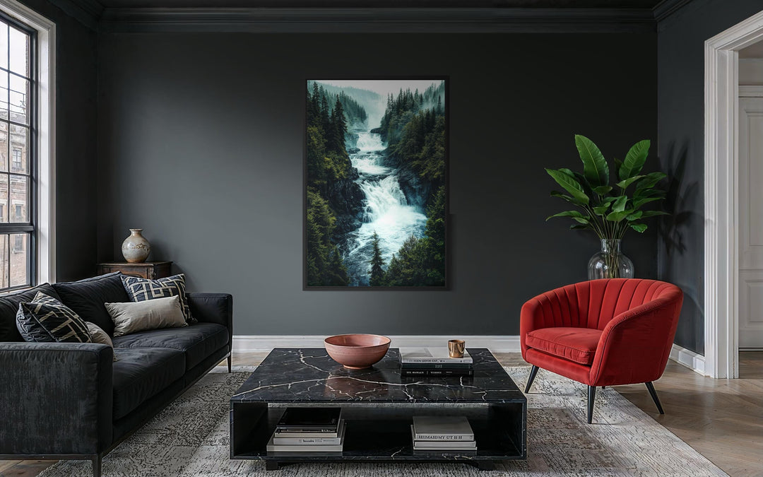 Vertical canvas print of a rushing mountain waterfall surrounded by a dense pine forest.