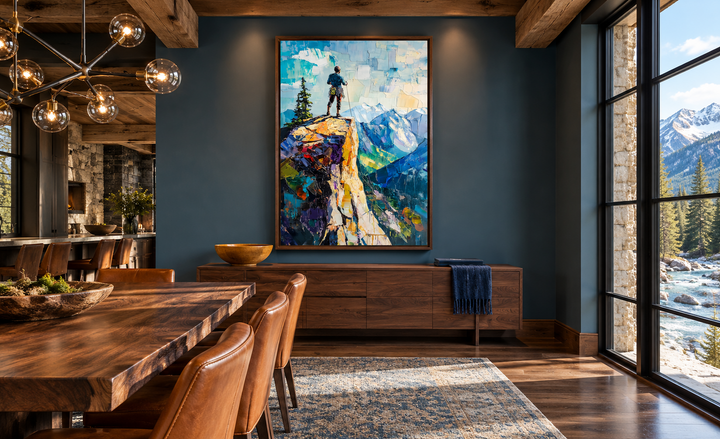 Vertical canvas print of a hiker on a colorful cliff overlooking a mountain landscape.