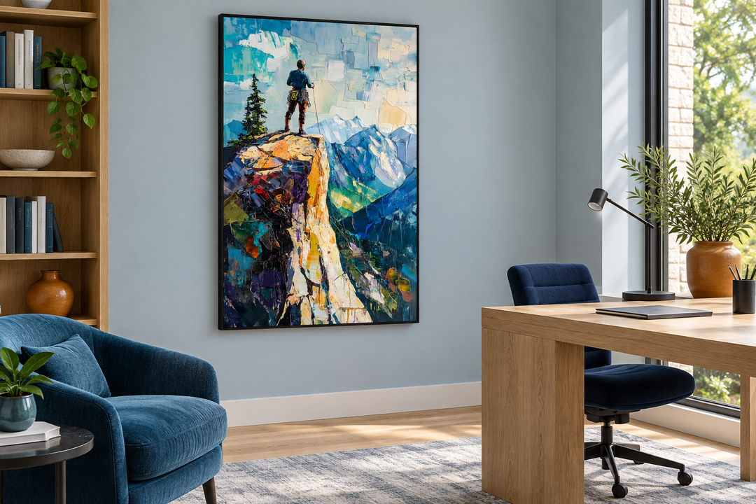 Vertical canvas print of a hiker on a cliff overlooking a mountain landscape in a modern office.
