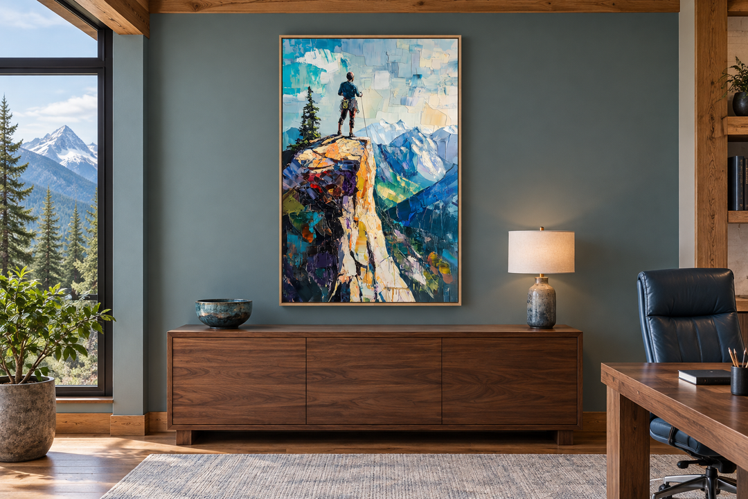 Vertical canvas print of a hiker on a colorful cliff overlooking a vast mountain landscape.