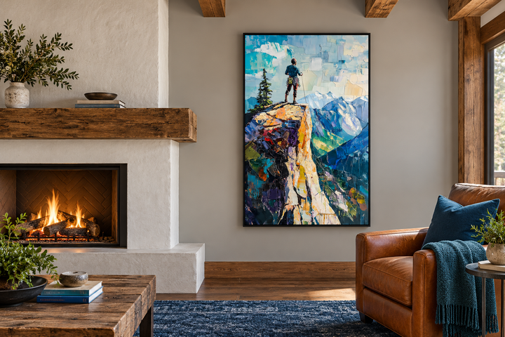 Vertical canvas print of a hiker on a colorful cliff landscape above a fireplace in a living room.