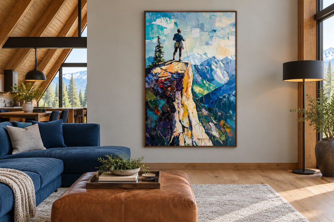 Vertical canvas print of a hiker on a colorful cliff overlooking a mountain landscape in a room.