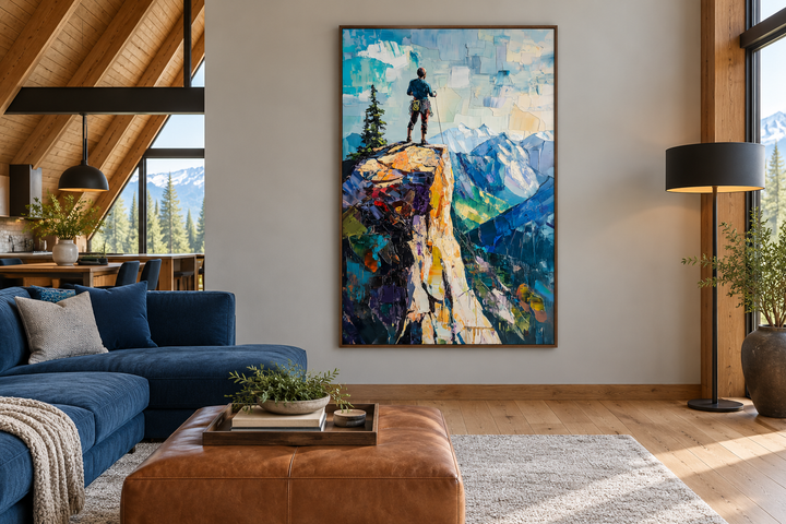 Vertical canvas print of a hiker on a colorful cliff overlooking a mountain landscape in a room.