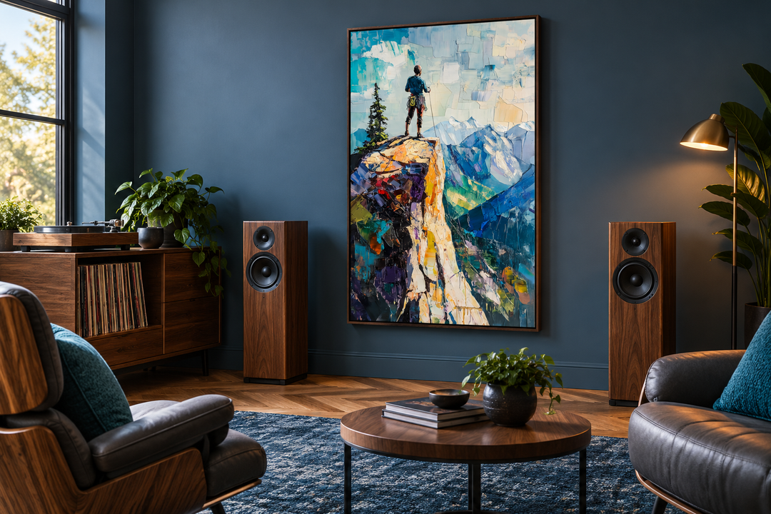 Vertical canvas print of a hiker on a cliff overlooking a mountain landscape in a modern room.
