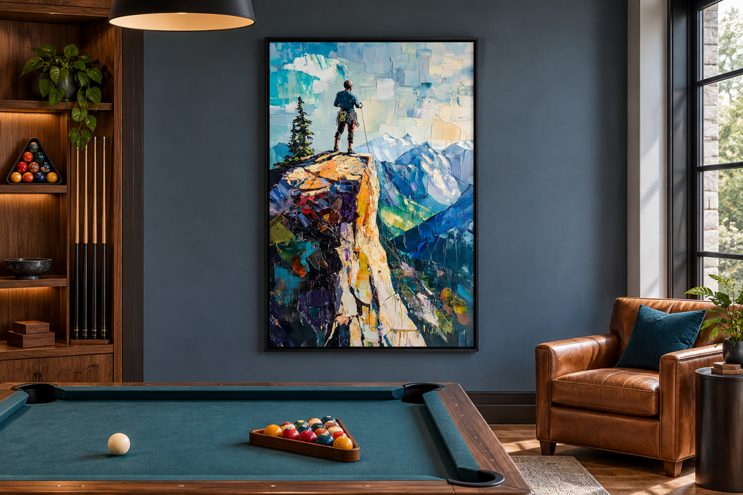 Vertical canvas print of a hiker on a cliff overlooking a mountain landscape in a modern room.