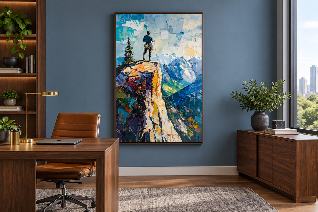 Vertical canvas print of a hiker on a colorful mountain cliff in a modern office setting.