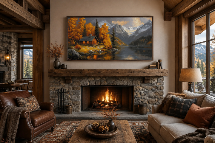 Rustic mountain cabin canvas art above a stone fireplace in a cozy, wood-beamed living room.