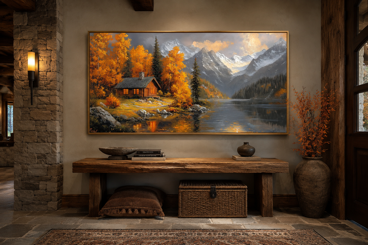 Framed canvas art of a rustic cabin by a lake with vibrant autumn trees and snowy mountains.
