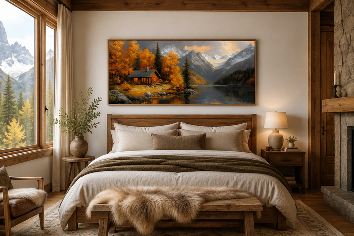 Mountain cabin wall art with warm autumn colors hanging above a bed in a rustic bedroom.