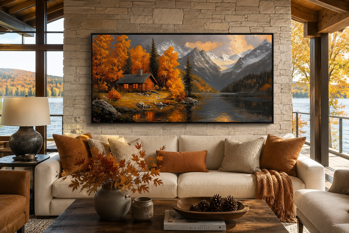 Mountain cabin wall art canvas with warm autumn colors and snowy peaks above a white sofa.