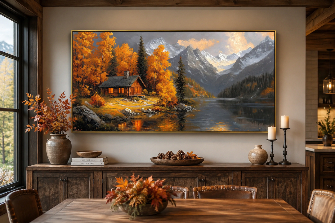 Rustic mountain cabin canvas art with warm autumn colors hanging above a wooden sideboard.