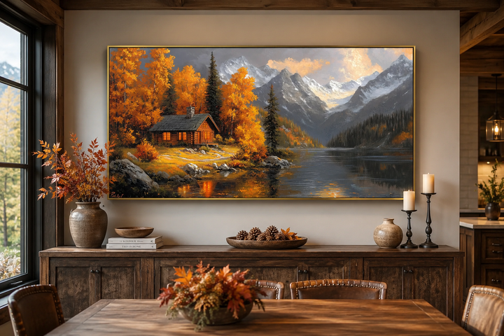 Rustic mountain cabin canvas art with warm autumn colors hanging above a wooden sideboard.