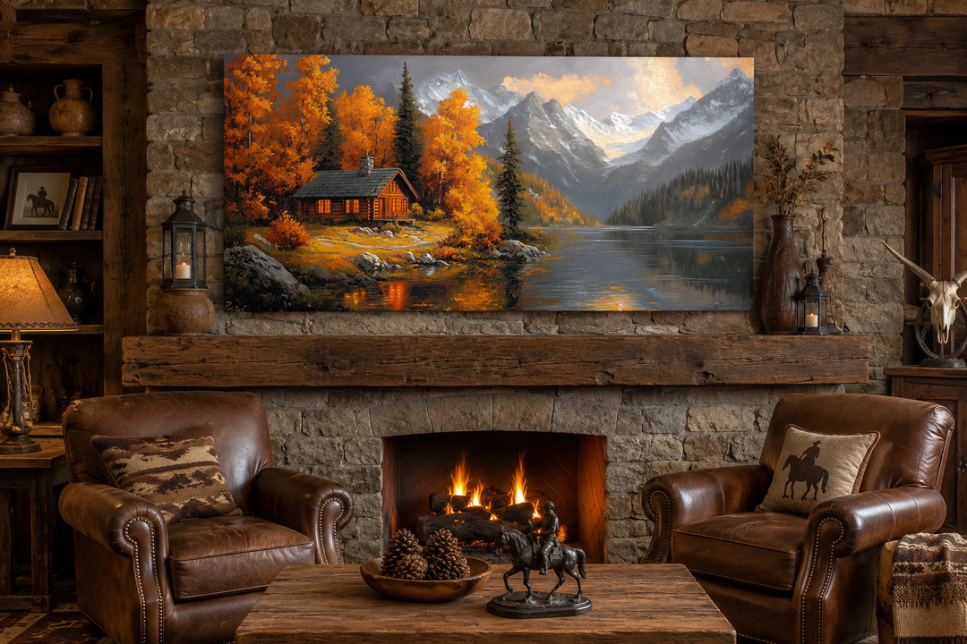 Rustic cabin canvas art with autumn colors hanging above a fireplace in a cozy living room.