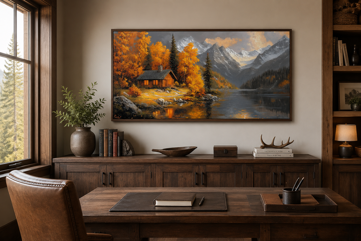 Framed canvas art of a rustic mountain cabin by a lake with vibrant autumn foliage in a home office.