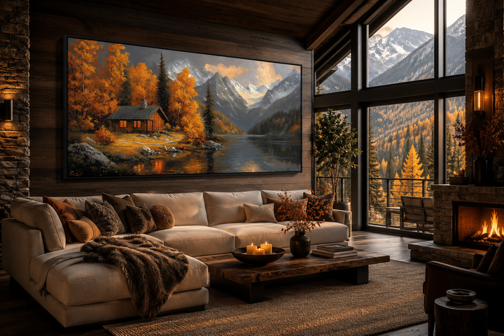 Rustic mountain cabin canvas art with autumn colors hanging in a cozy, modern living room.