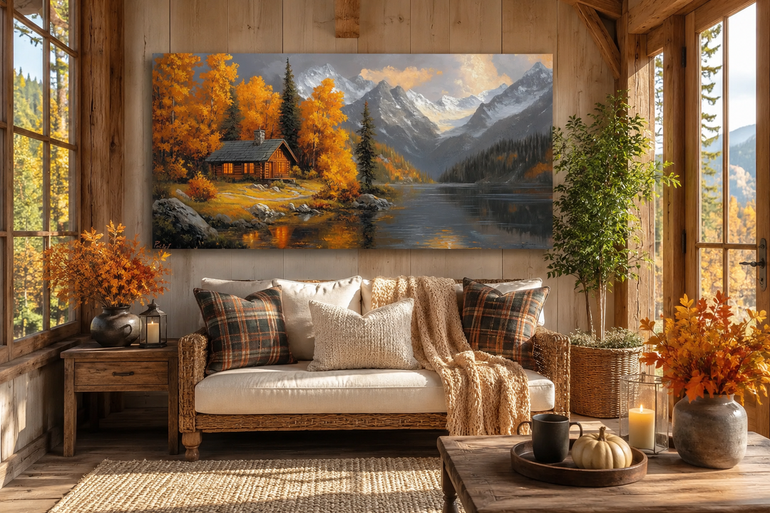 Mountain cabin canvas wall art featuring a lakeside retreat with warm autumn colors over a sofa.