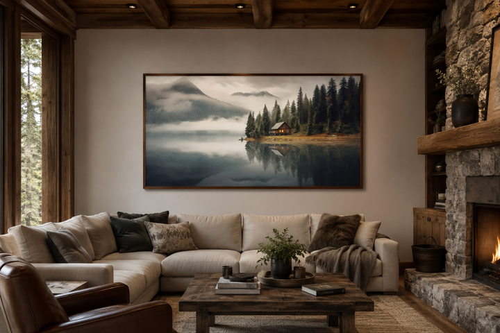Large framed wall art of a mountain cabin on a misty lake, hanging above a neutral sectional sofa.