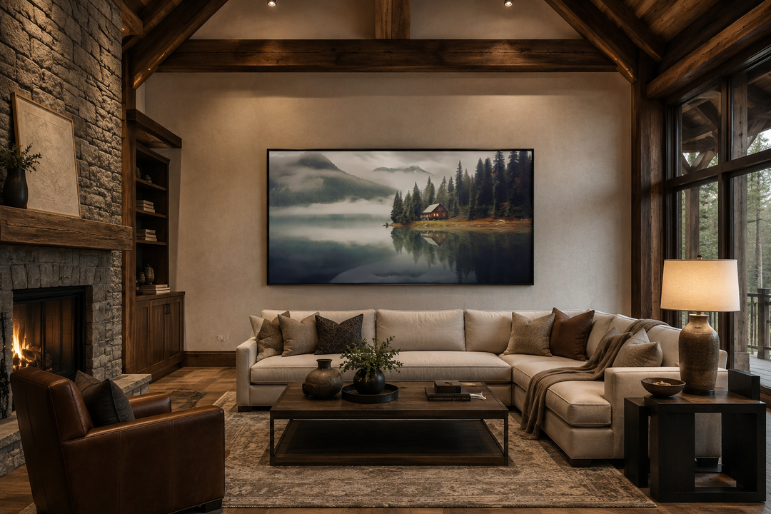 Large framed wall art of a mountain cabin on a misty lake in a rustic living room.