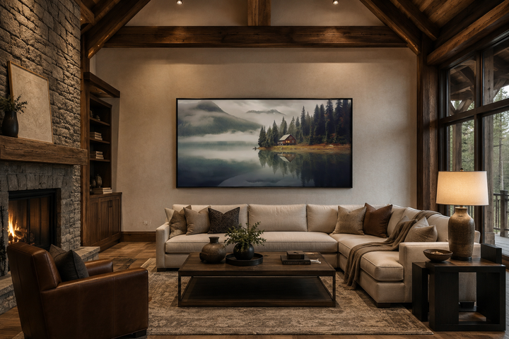 Large framed wall art of a mountain cabin on a misty lake in a rustic living room.