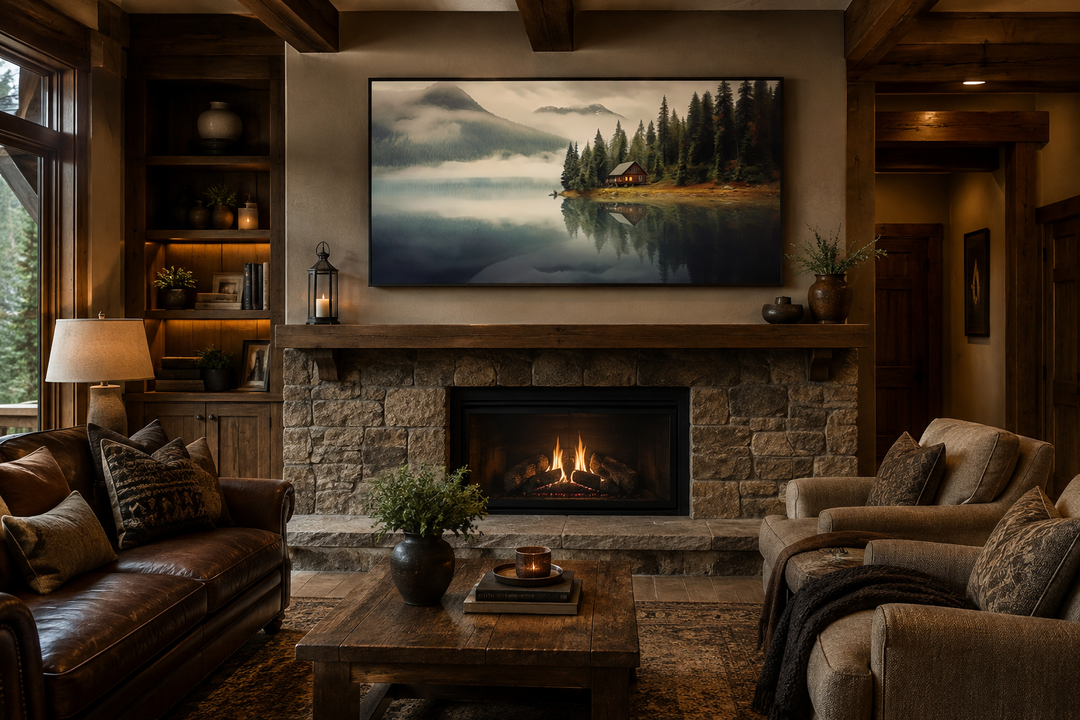 Framed wall art of a mountain cabin on a lake, displayed above a stone fireplace in a rustic room.