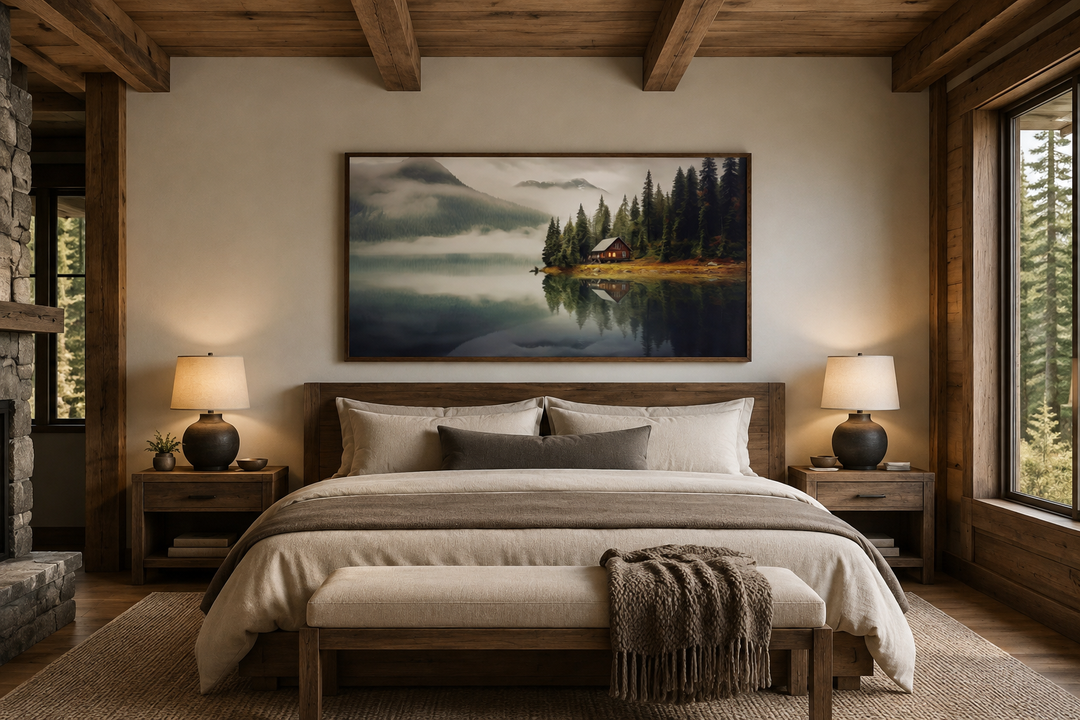Large framed wall art of a mountain cabin on a lake above a bed in a rustic bedroom.