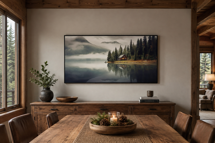 Large framed wall art of a mountain cabin on a misty lake, hung above a wooden sideboard.