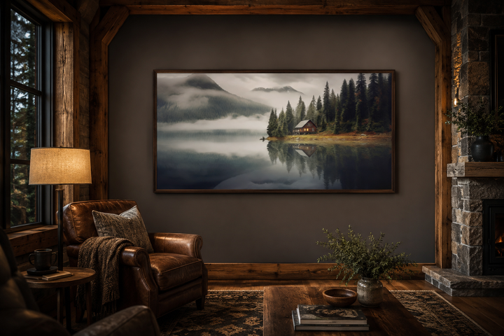 Framed wall art of a mountain cabin on a misty lake, displayed in a rustic living room.