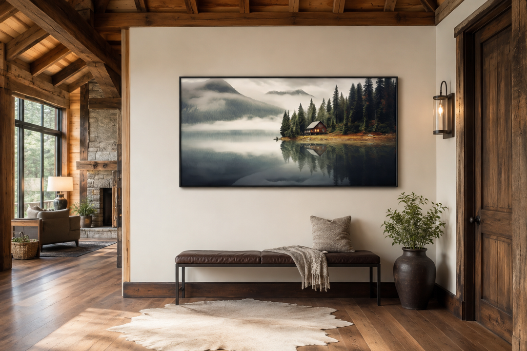 Large framed wall art of a mountain cabin on a misty lake, hung above a bench in a rustic room.