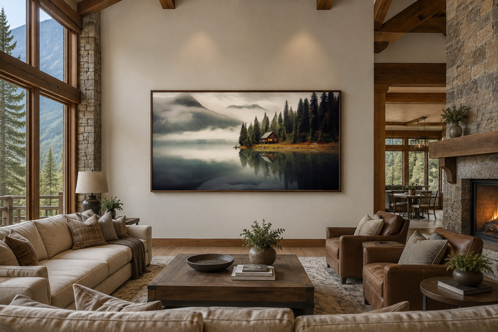 Large framed wall art of a mountain cabin on a misty lake in a rustic living room setting.
