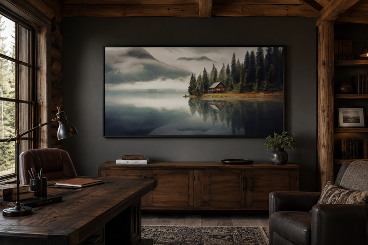 Large framed wall art of a mountain cabin on a lake in a rustic office setting.