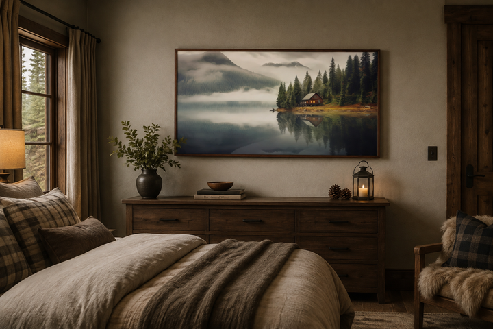 Large framed wall art of a mountain cabin on a lake, hung above a wooden dresser in a bedroom.