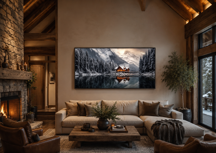 Panoramic framed canvas wall art of a cozy winter cabin reflected in a frozen mountain lake.