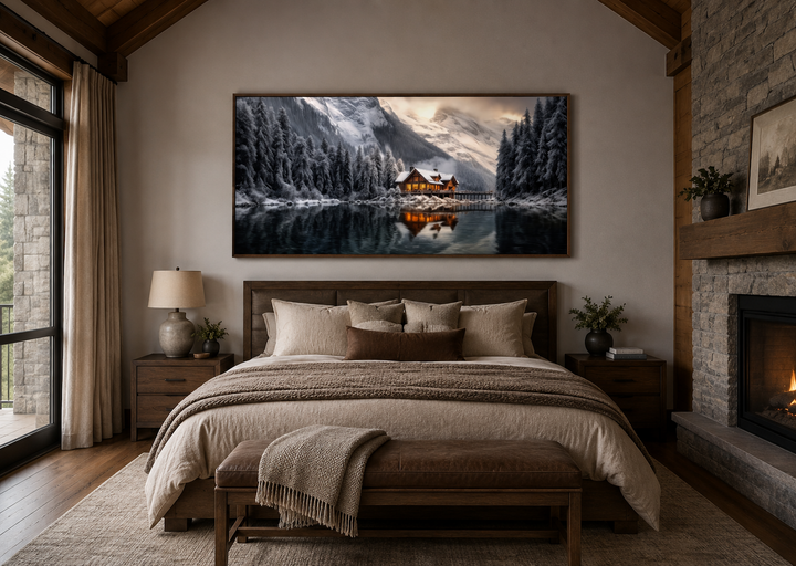 Panoramic framed canvas art of a glowing winter cabin reflected in a lake above a bedroom bed.