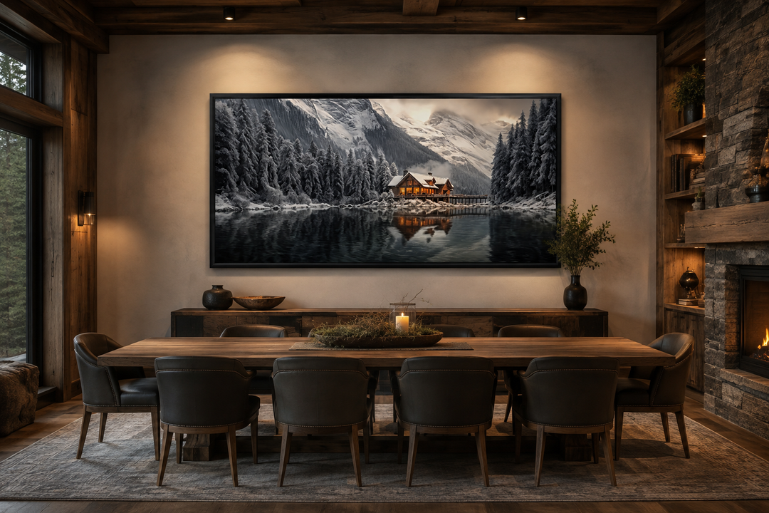 Large framed canvas print of a cozy winter cabin reflected in a lake, hung in a rustic dining room.