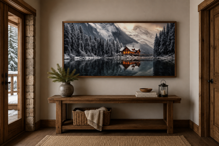 Framed panoramic canvas of a cozy winter cabin reflected in a lake, hung above a wooden bench.