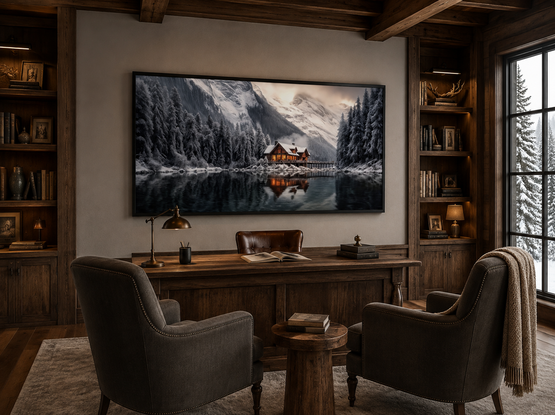 Framed panoramic canvas of a cozy winter cabin reflected in a frozen lake above a wooden desk.