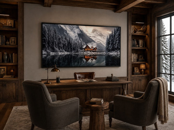 Framed panoramic canvas of a cozy winter cabin reflected in a frozen lake above a wooden desk.