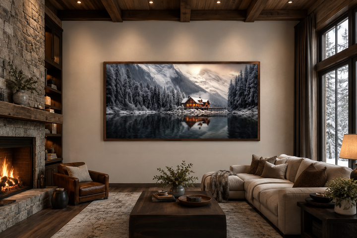 Framed panoramic canvas of a cozy winter cabin reflected in a lake, hung in a rustic living room.